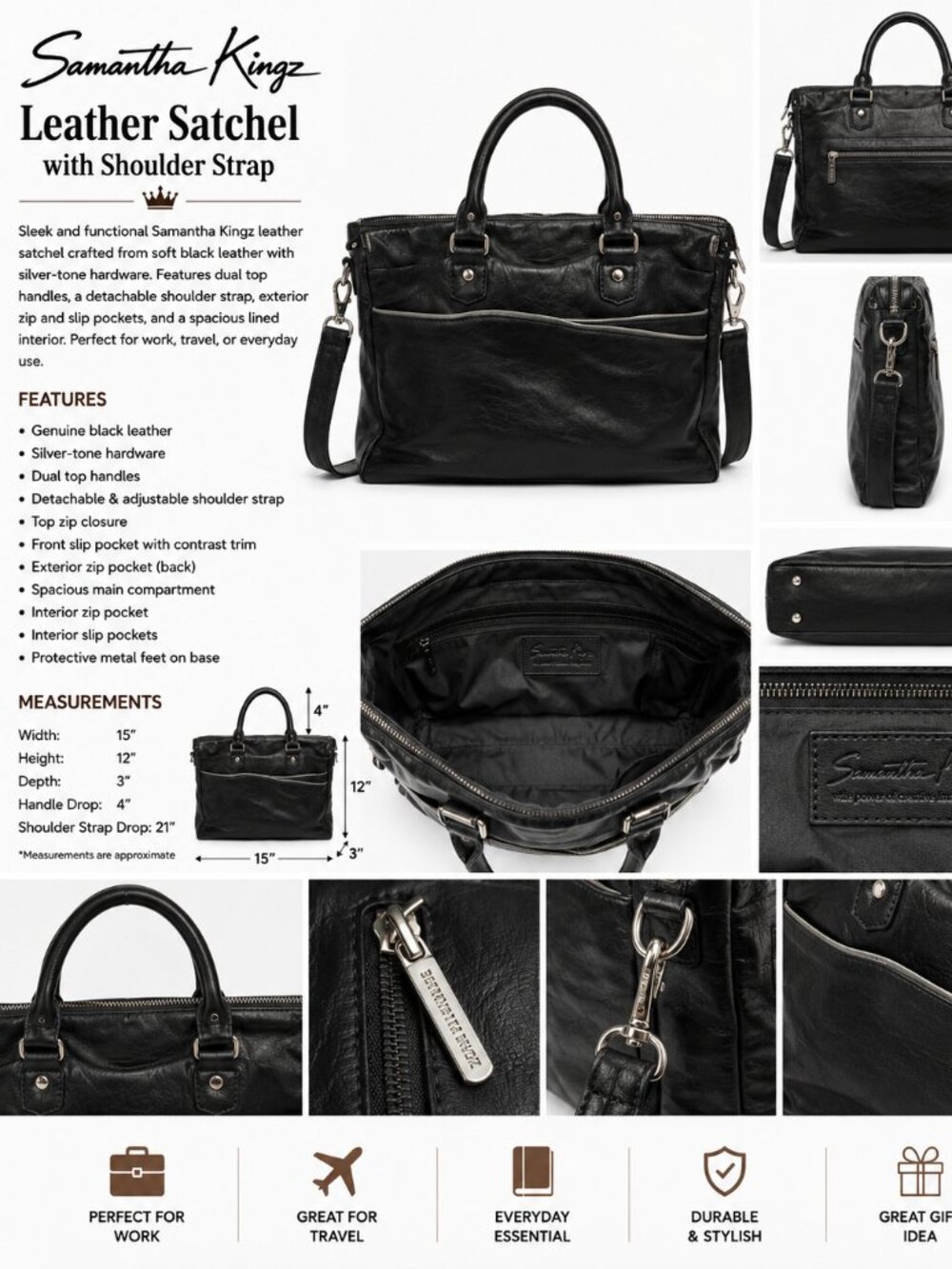 Samantha Kingz Black Leather Satchel Tote Shoulder Bag Laptop Work Bag